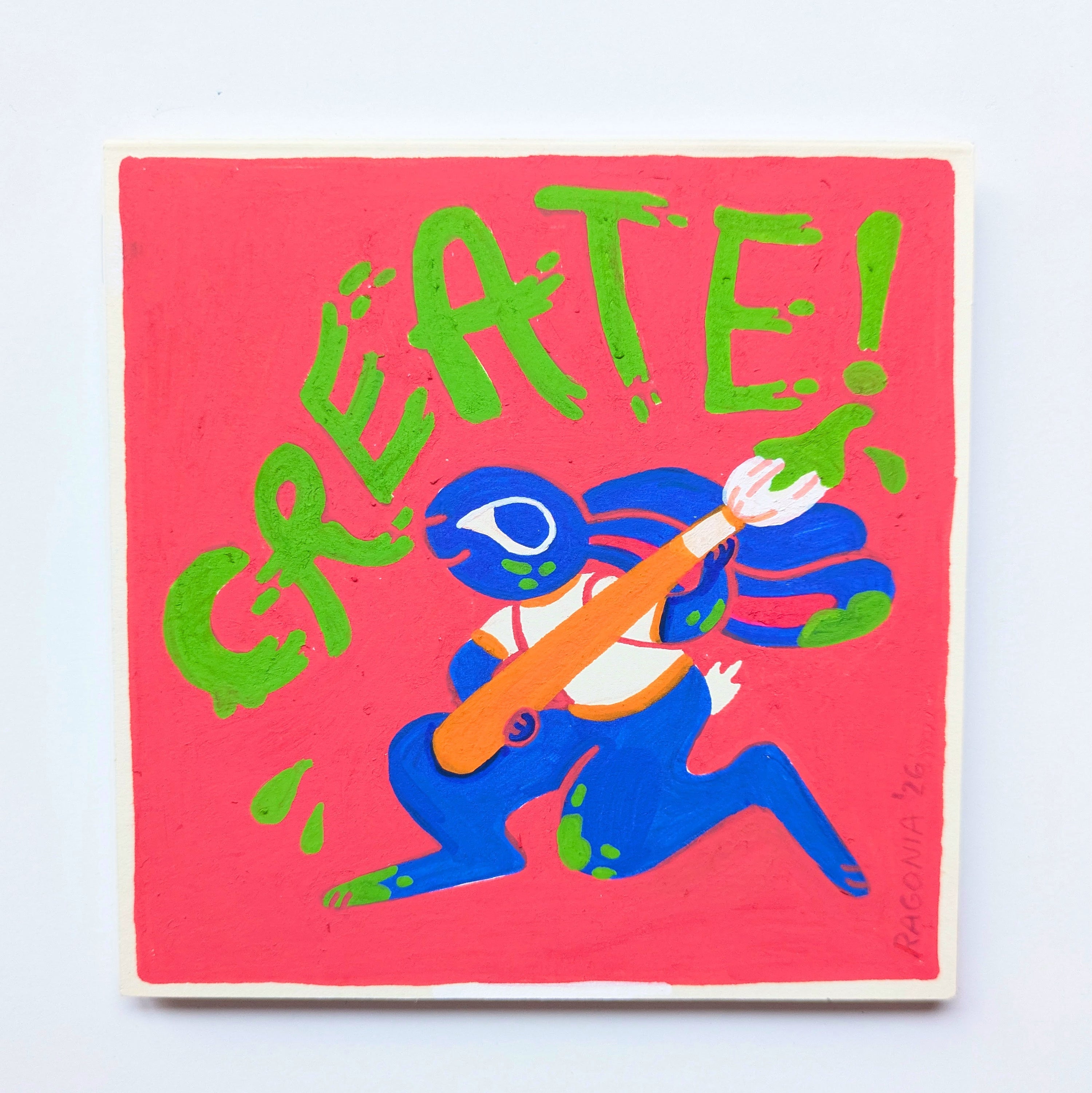 Colorful illustration of a character holding a paintbrush with 'CREATE!' text on a pink background