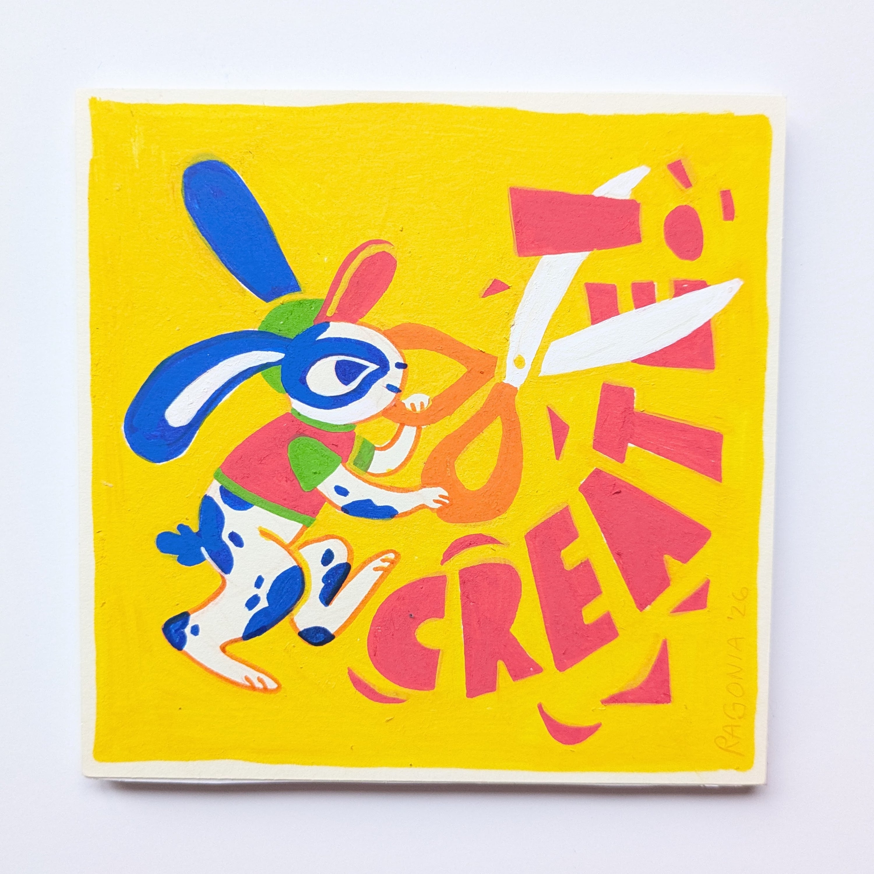 Colorful illustration of a rabbit with scissors on a yellow background