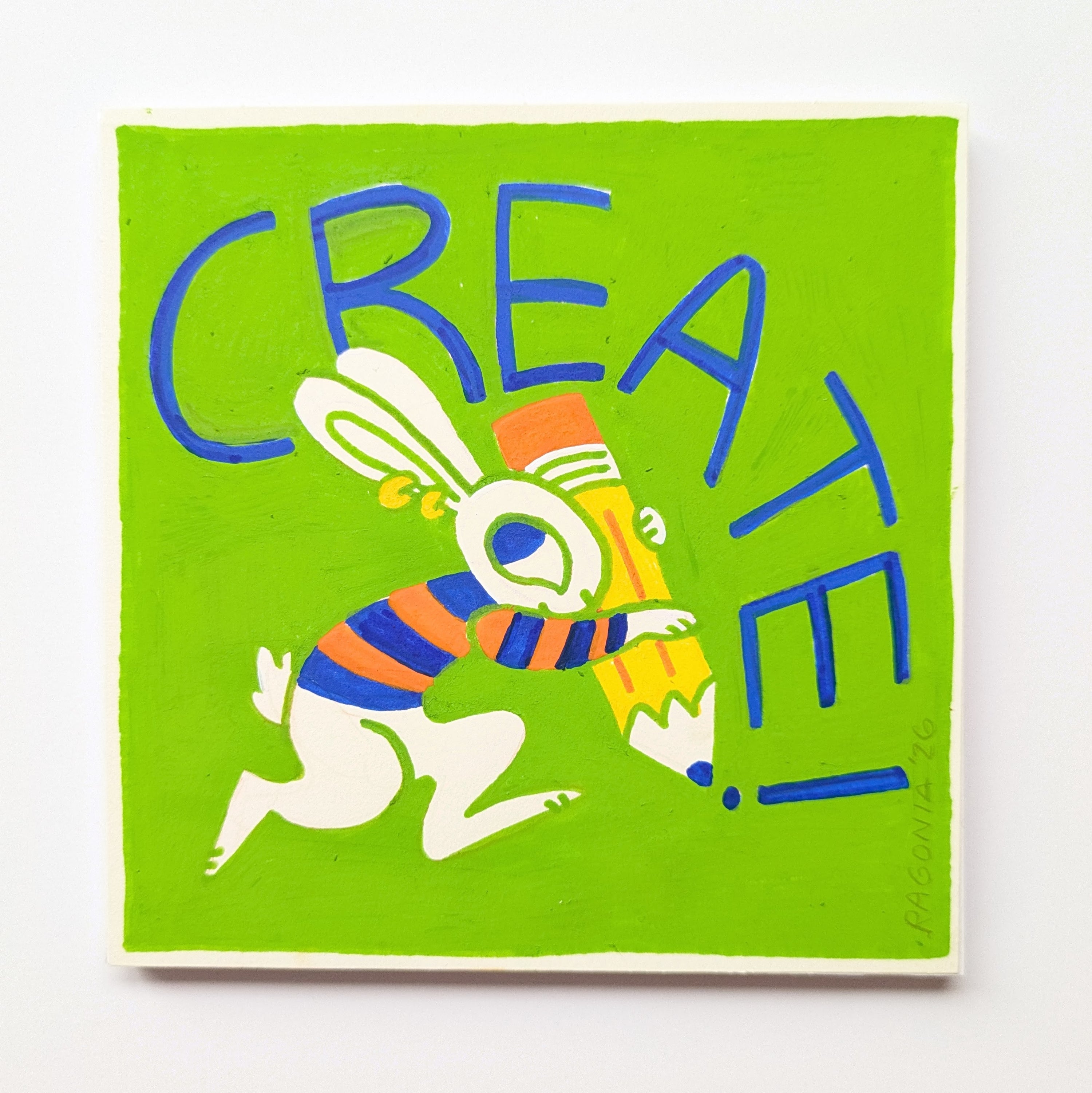 Colorful illustration of a rabbit with a striped sweater on a green background with the word 'CREATE!'.