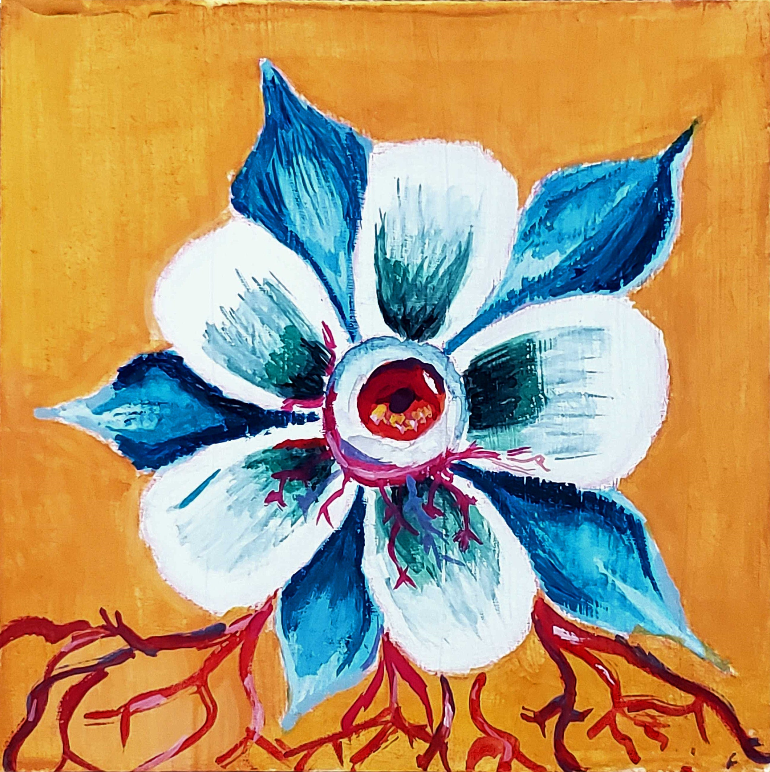 Colorful flower painting on a textured orange background