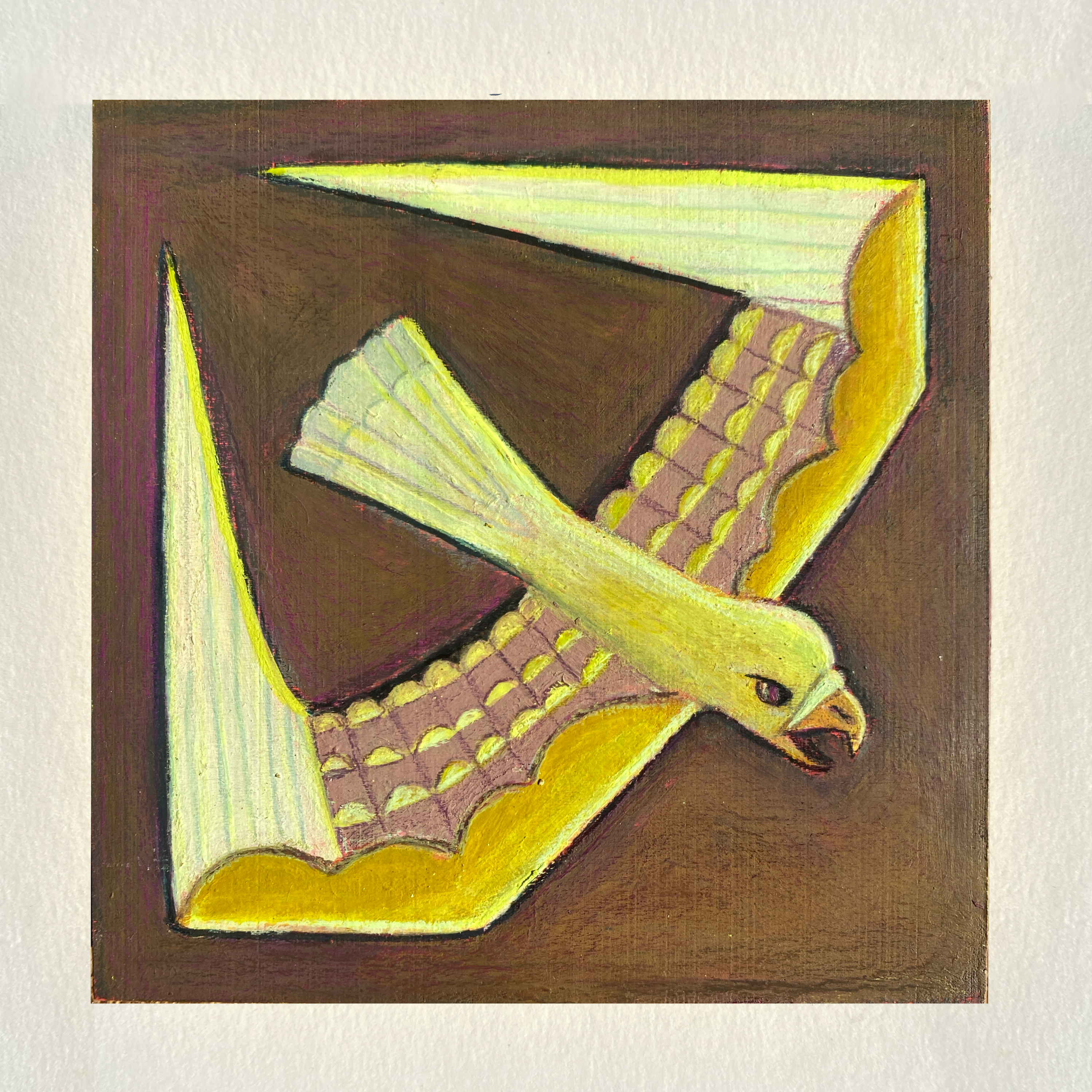 Abstract painting of a bird with geometric shapes on a brown background