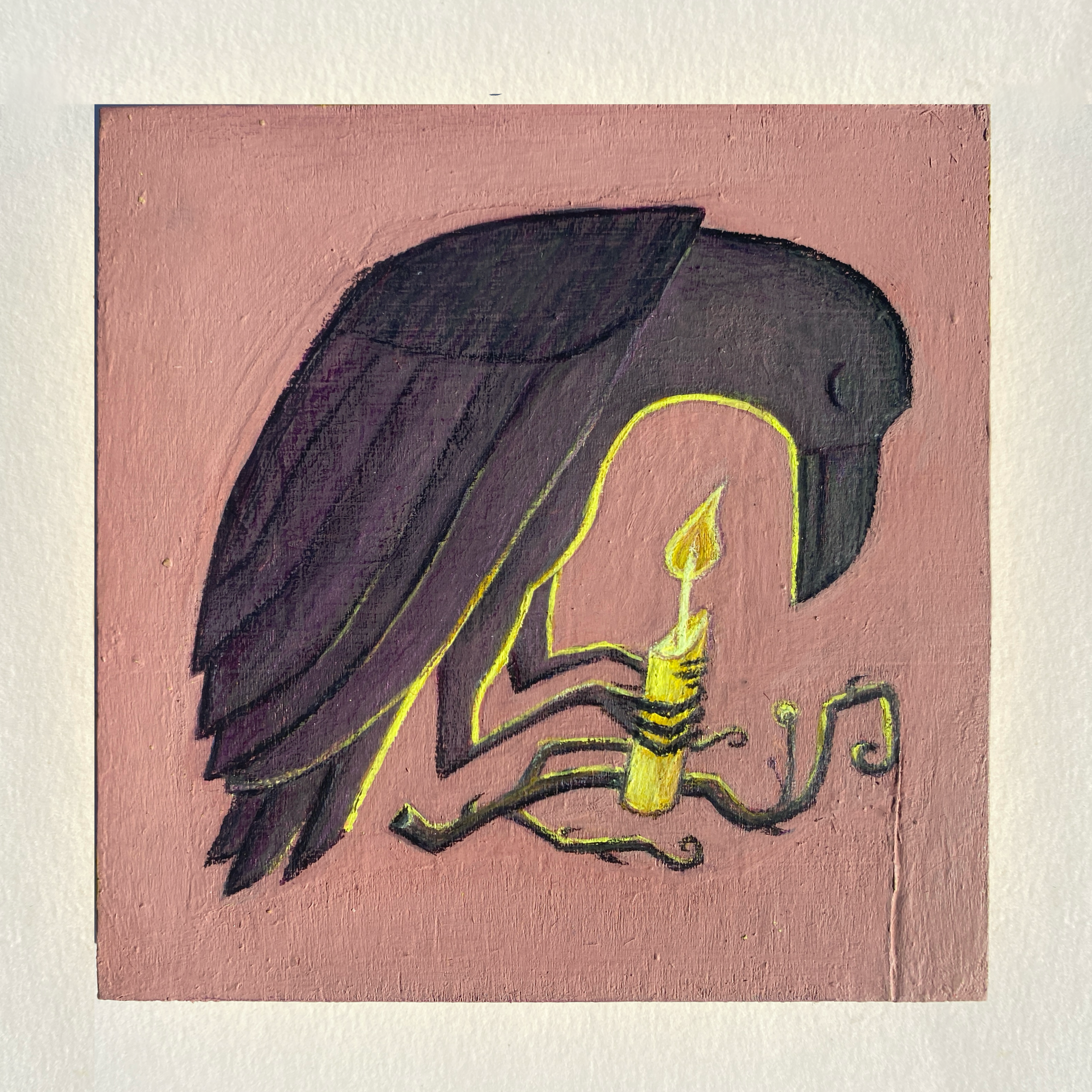 Illustration of a black bird holding a candle on a pink background