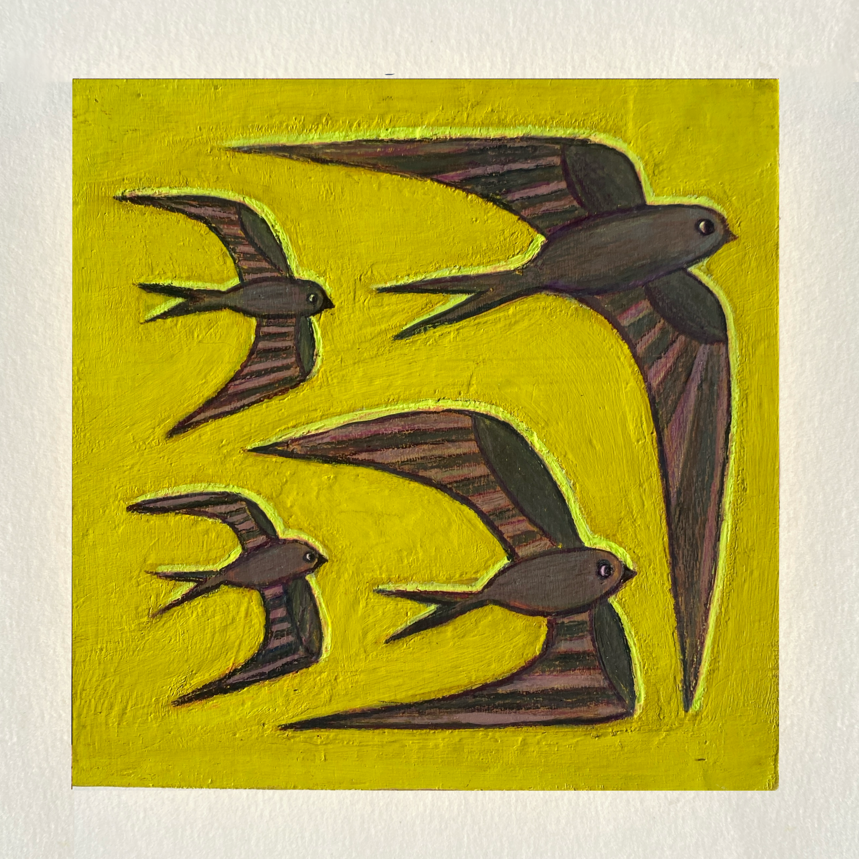 Artistic depiction of birds on a yellow background