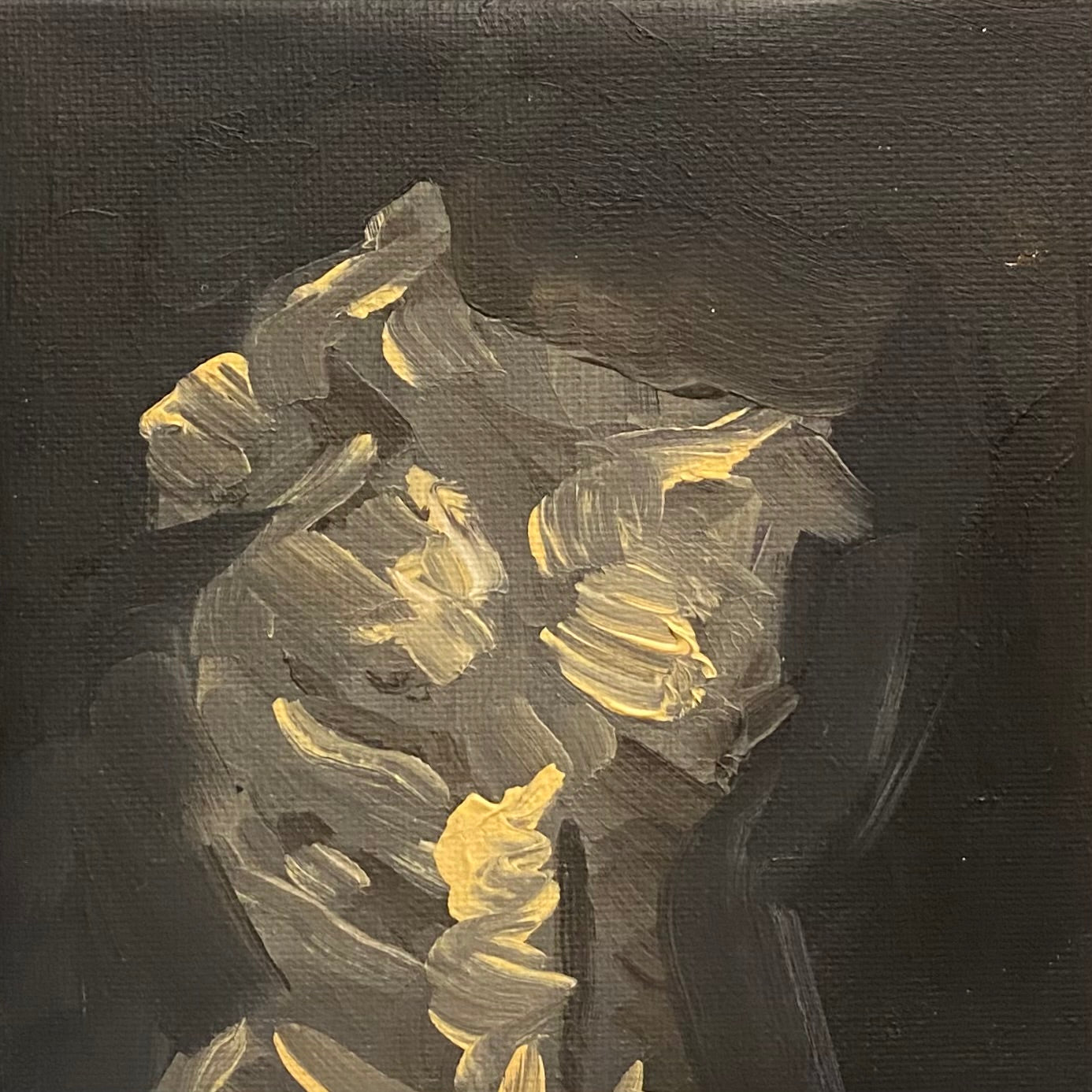 Abstract painting of a flower with light yellow tones on a dark background