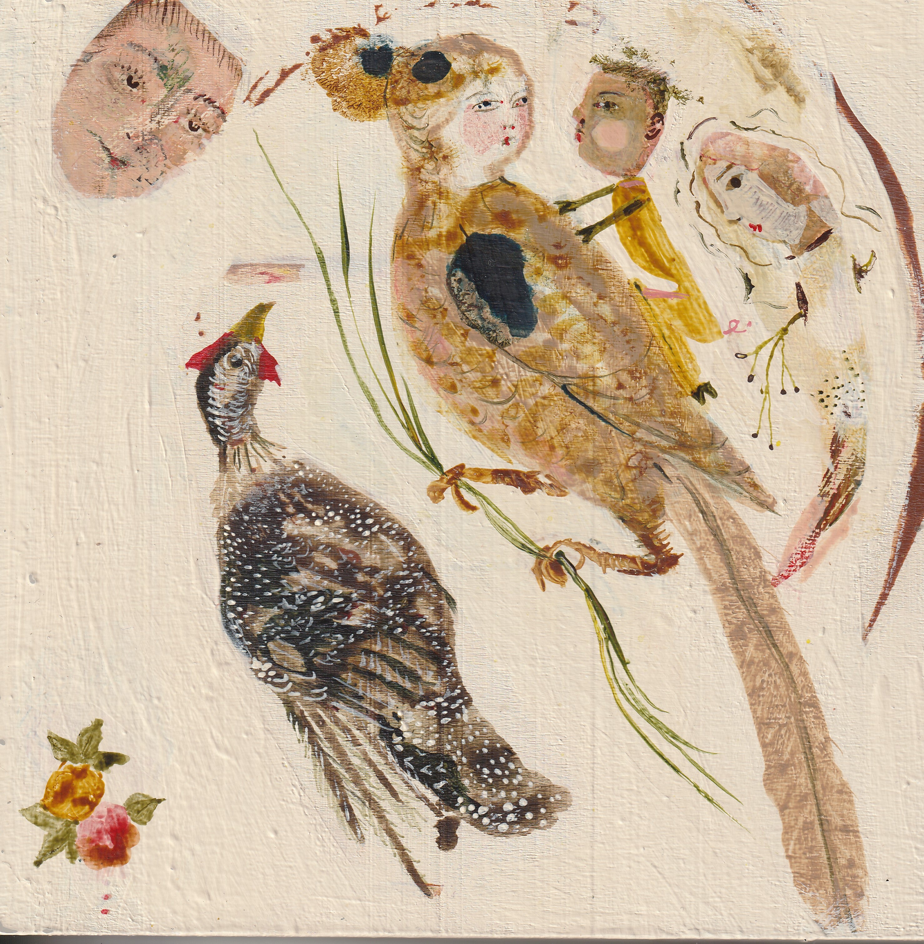 Artistic depiction of birds and children on a textured background