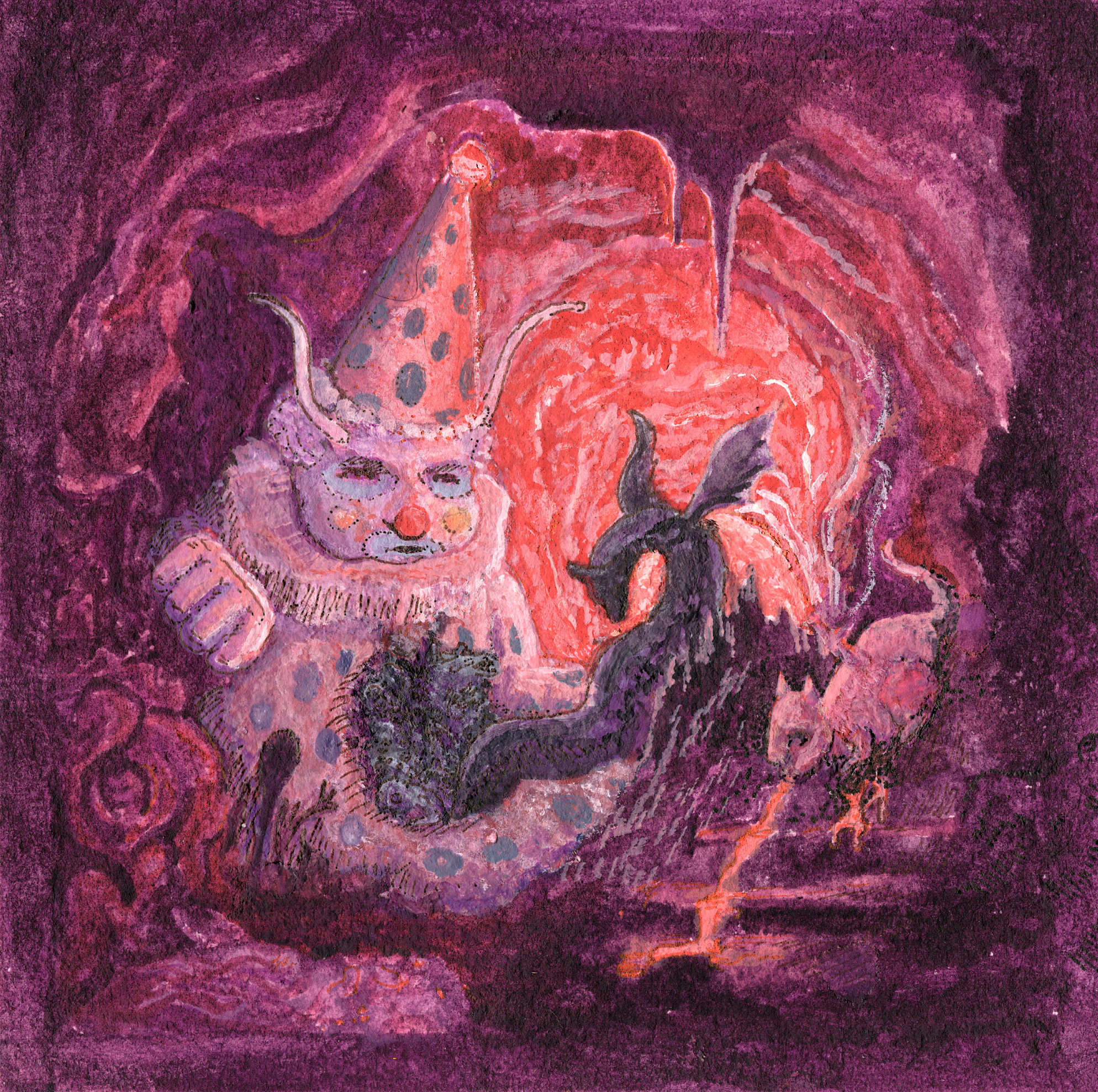 Festive clown with a red nose and polka dot hat interacting with a black cat on a purple background.