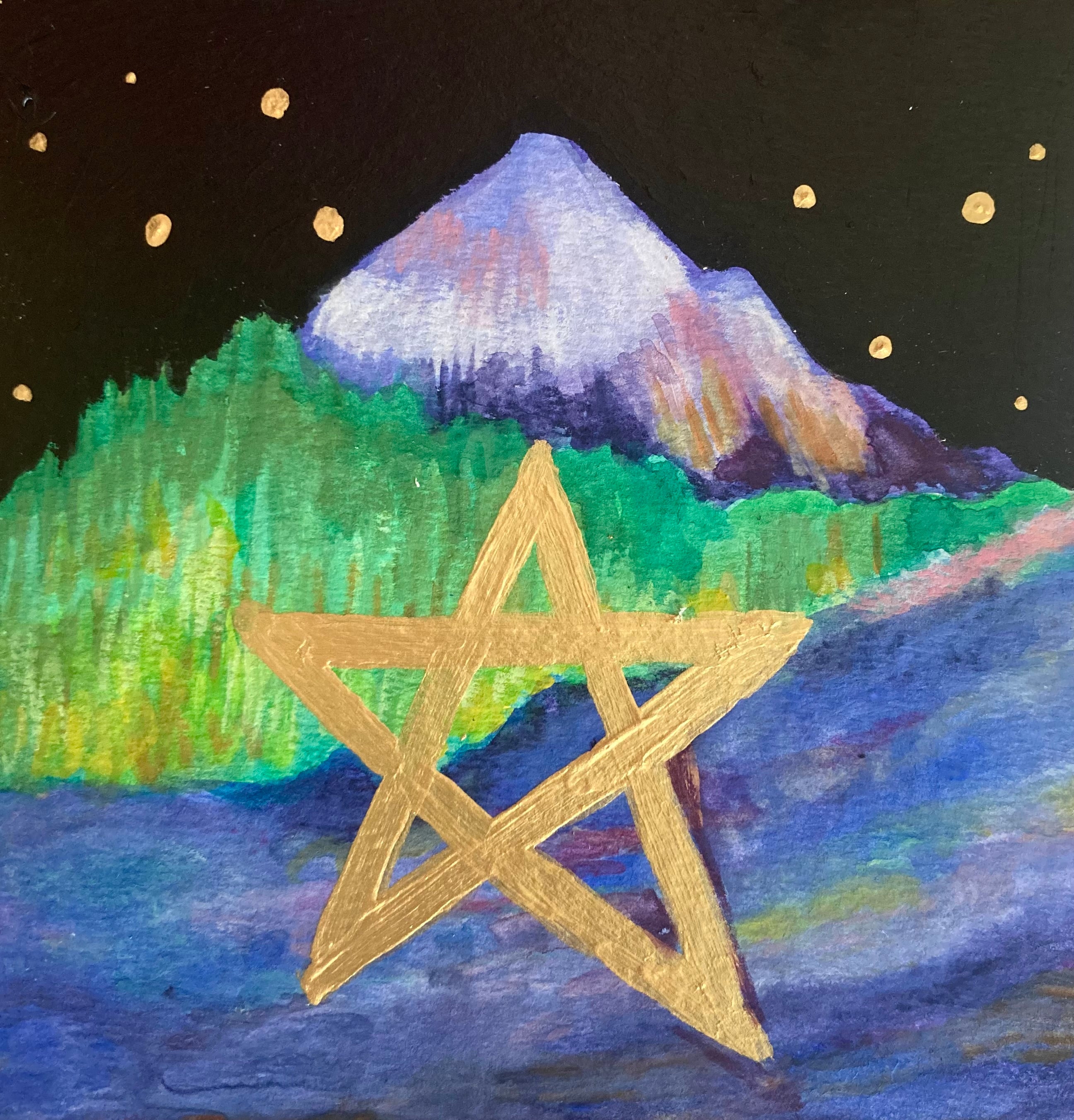 Painting of a mountain landscape with a gold star symbol at the forefront.