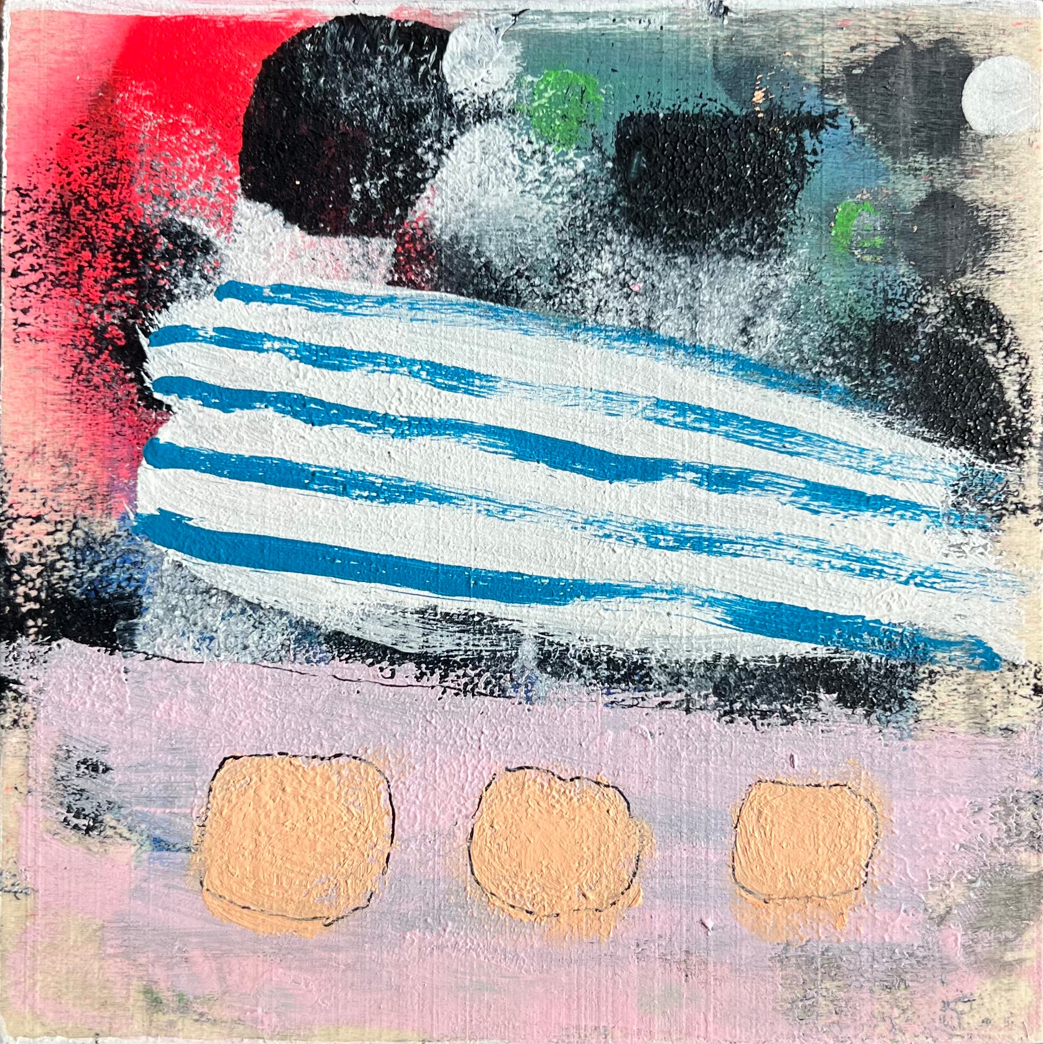 Abstract art piece with blue and white stripes, beige dots, and multicolored background