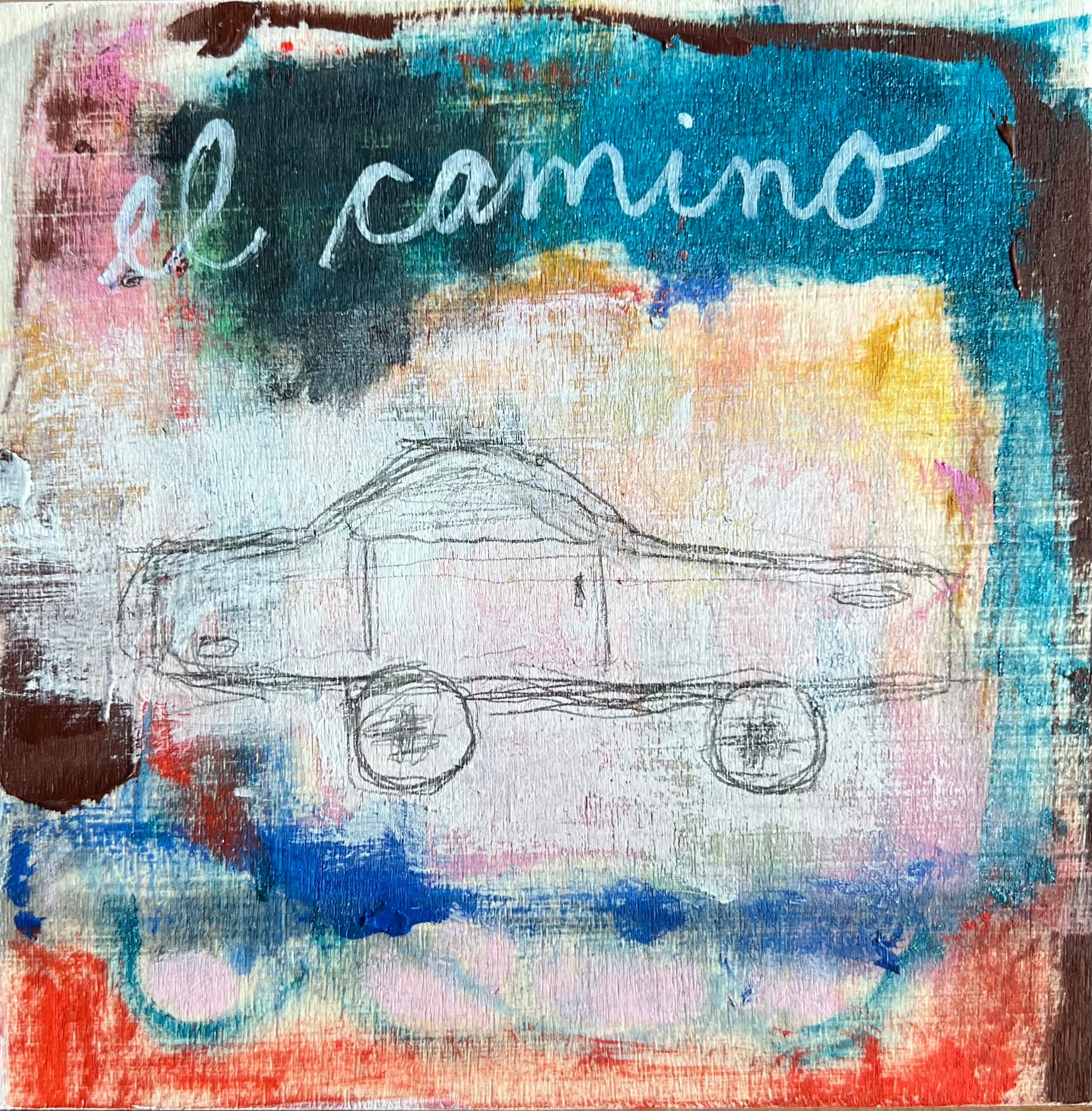 Abstract painting with a car outline and 'el camino' text on a textured background