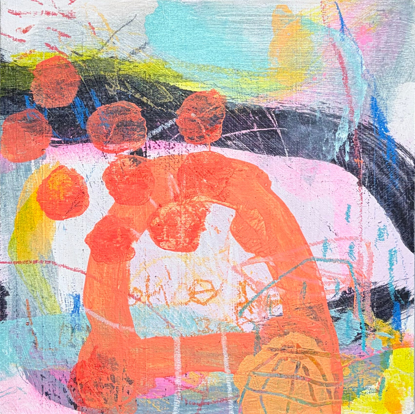 Abstract artwork with colorful shapes and a central figure.