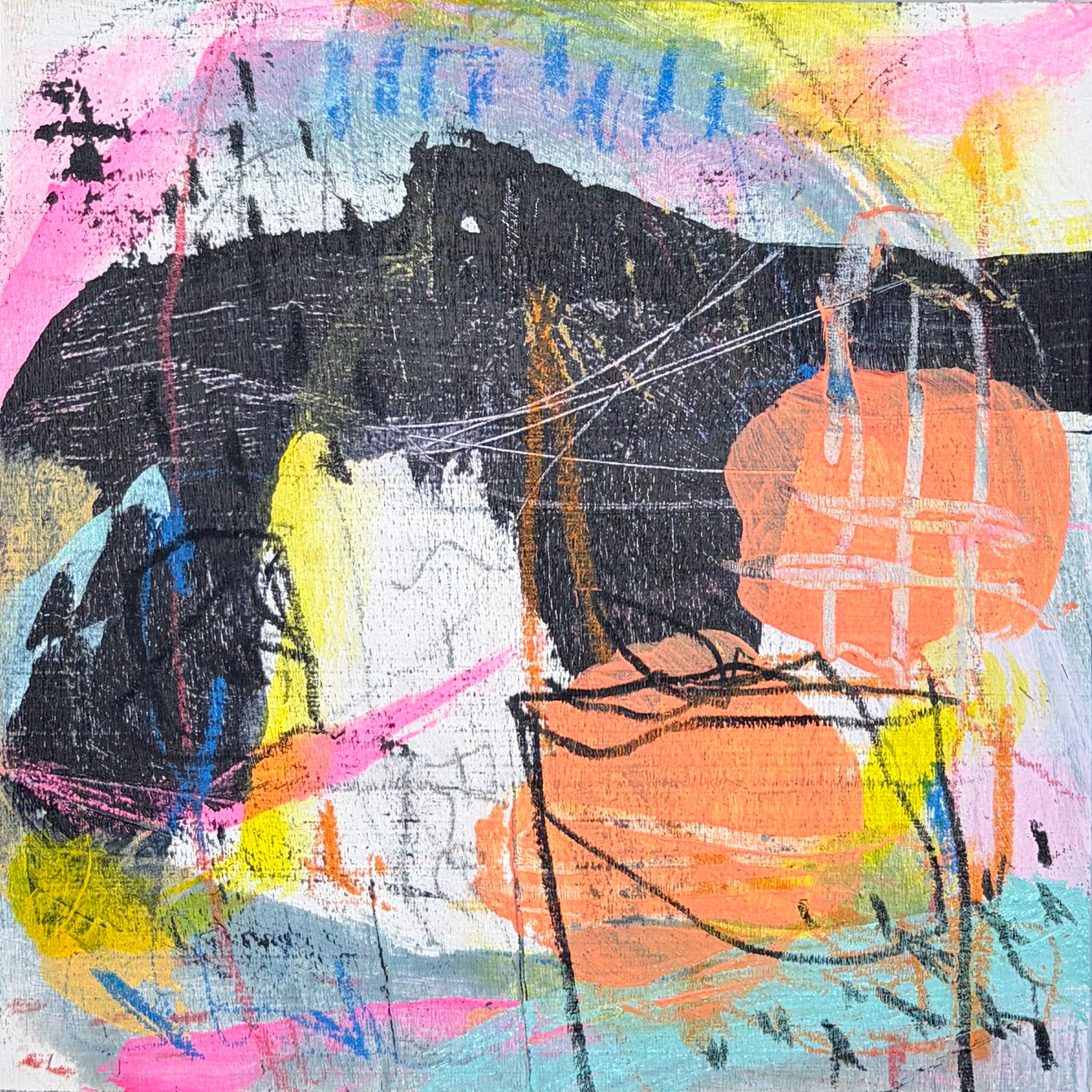 Abstract artwork with colorful brush strokes on a textured surface