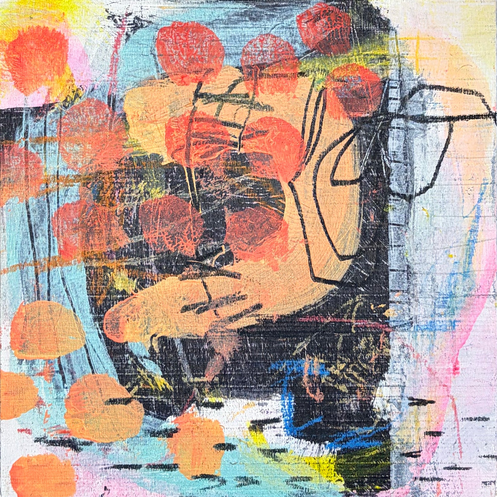 Abstract artwork with colorful fruit-like shapes and a central figure.