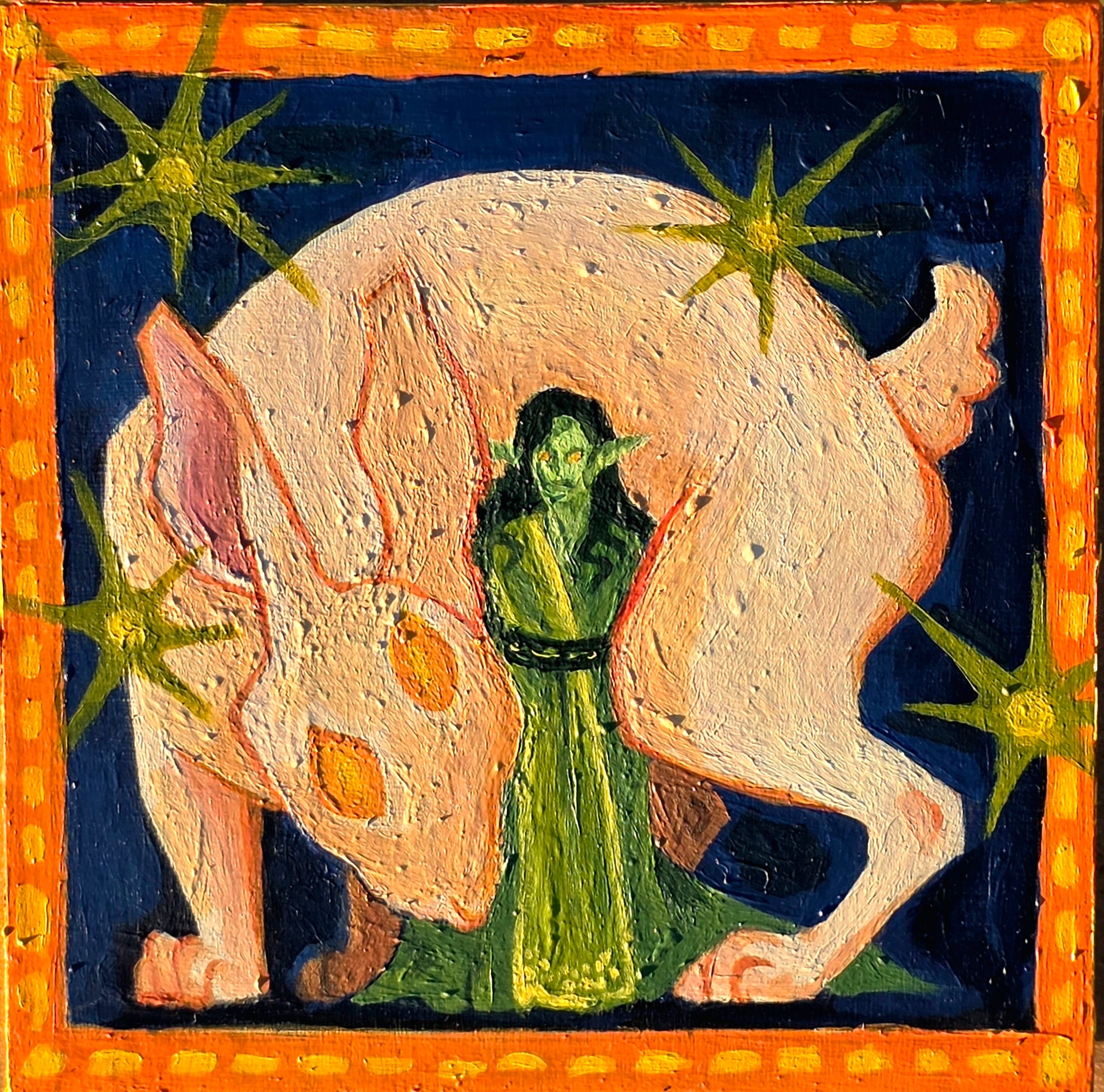 Artistic depiction of a figure in green standing on a large white creature with a blue background and star-like shapes.